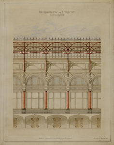 216553 Lengtedoorsnede/opstand van een zijwand in het interieur van de korenbeurs aan het Vredenburg te Utrecht.